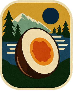 Illustrated badge: a halved soy-braised egg against an amber sky.