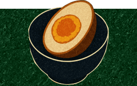 Illustrated badge: a halved soy-braised egg against an amber sky.