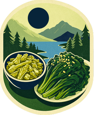 Illustrated badge: pickled mustard greens and blanched greens against a lake and mountains.