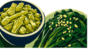 Illustrated badge: pickled mustard greens and blanched greens against a lake and mountains.