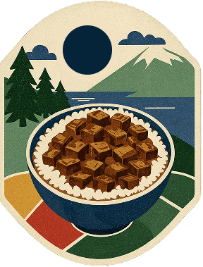 Illustrated badge: a bowl of braised pork over rice against mountains and a red sun.