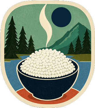 Illustrated badge: a bowl of steaming white rice against pines and mountains.